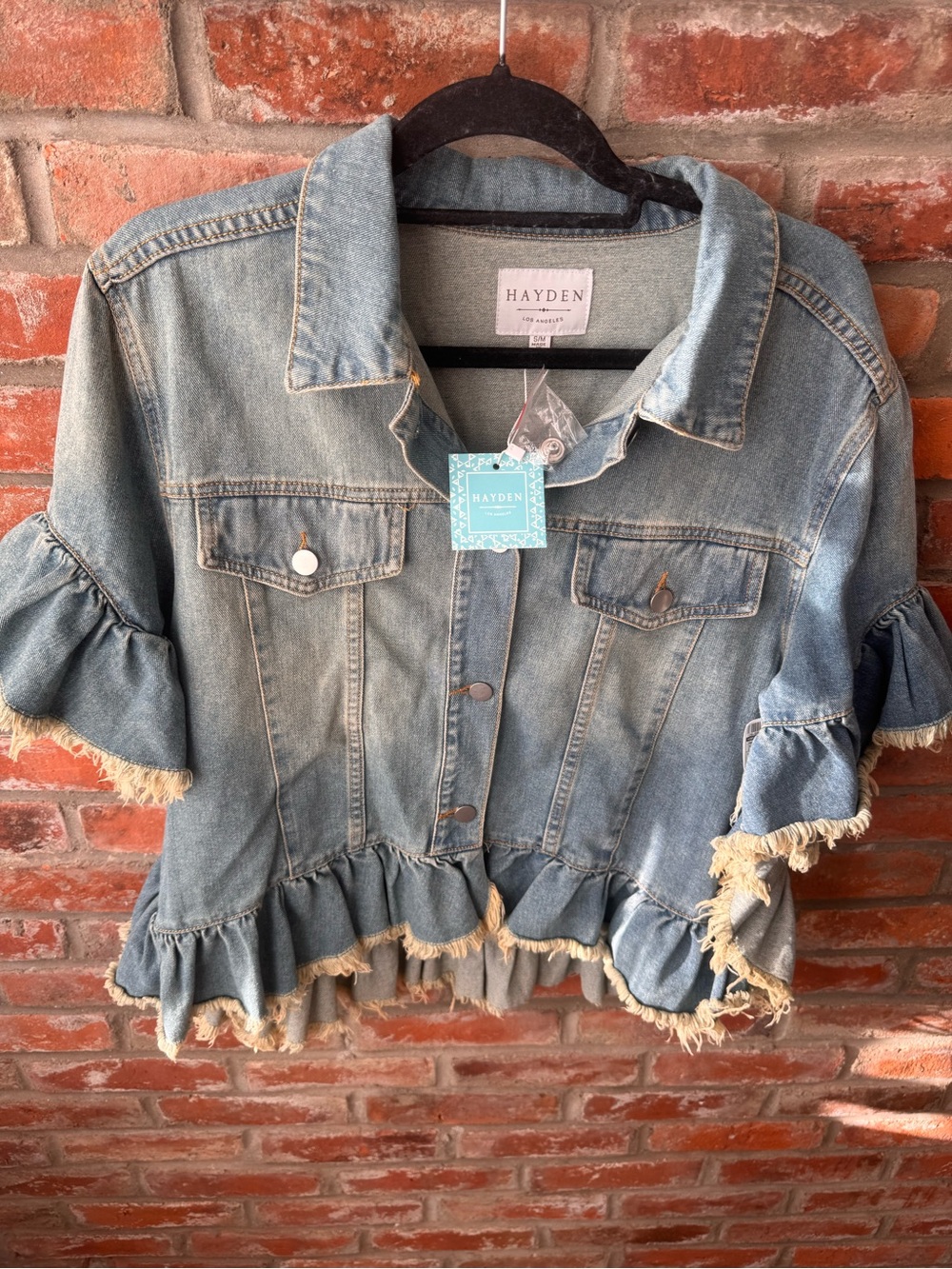 Hayden Short Sleeve Ruffle Hem Distressed Denim Jacket NWT